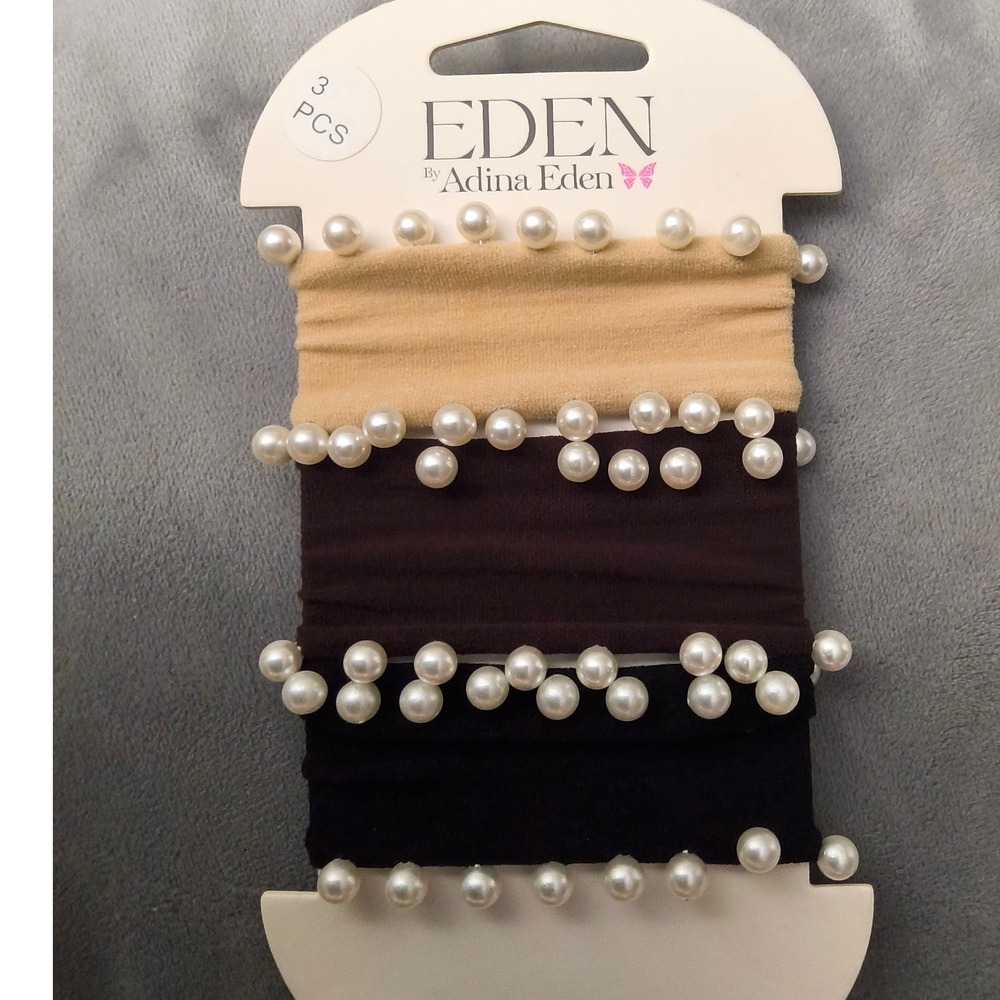 Eden by Adina Eden pearl embellished hair tie set three neutral-toned‎ elastics.